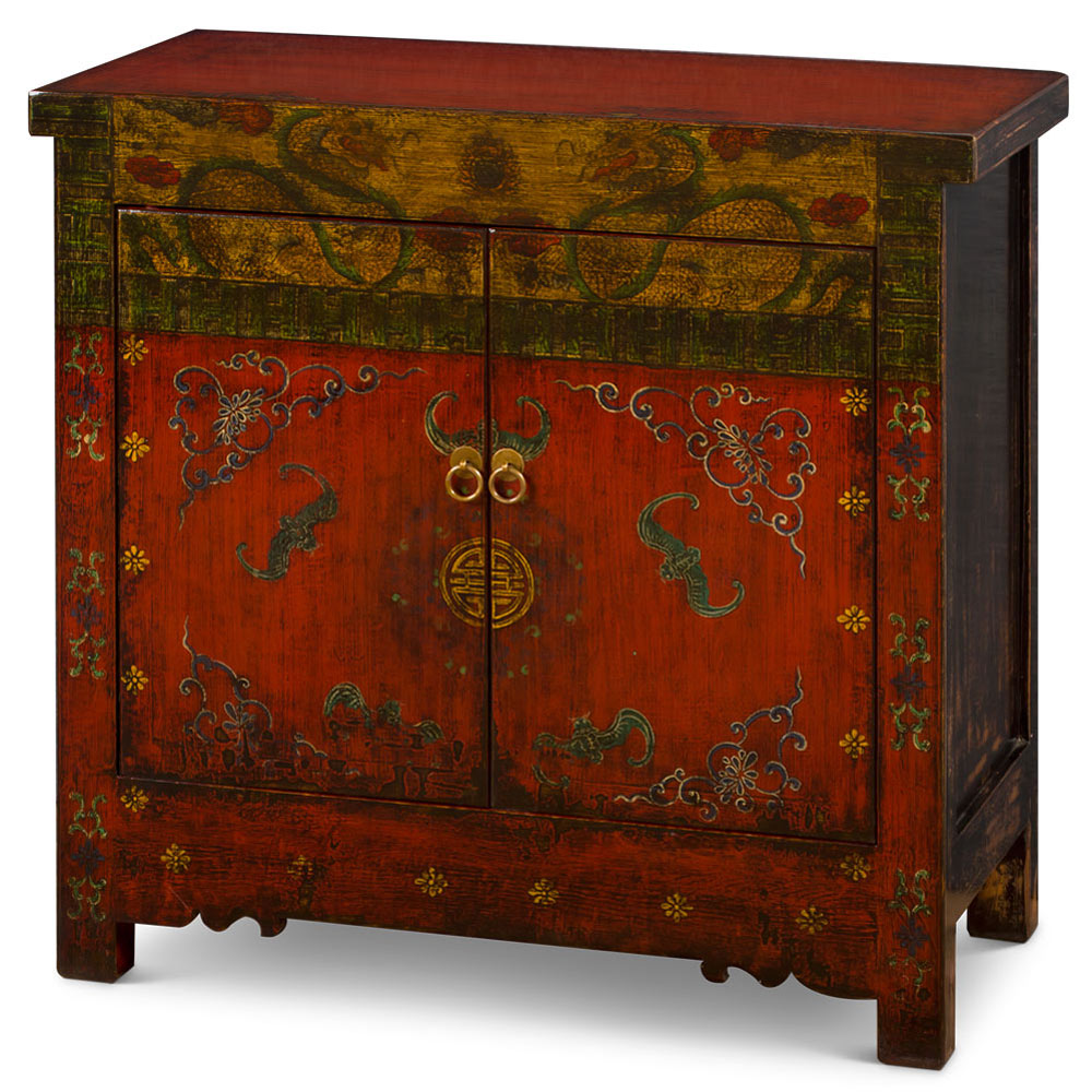 Hand Painted Elmwood Tibetan Dragon and Longevity Motif Cabinet