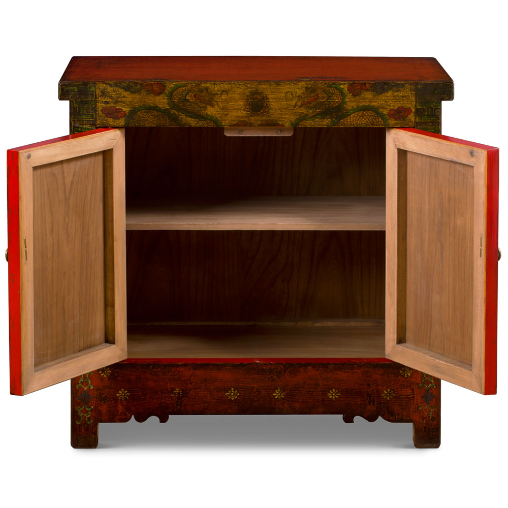 Hand Painted Elmwood Tibetan Dragon and Longevity Motif Cabinet