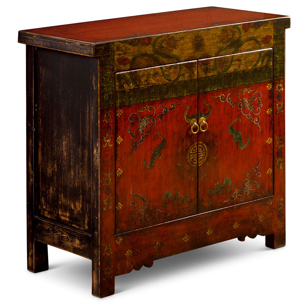 Hand Painted Elmwood Tibetan Dragon and Longevity Motif Cabinet