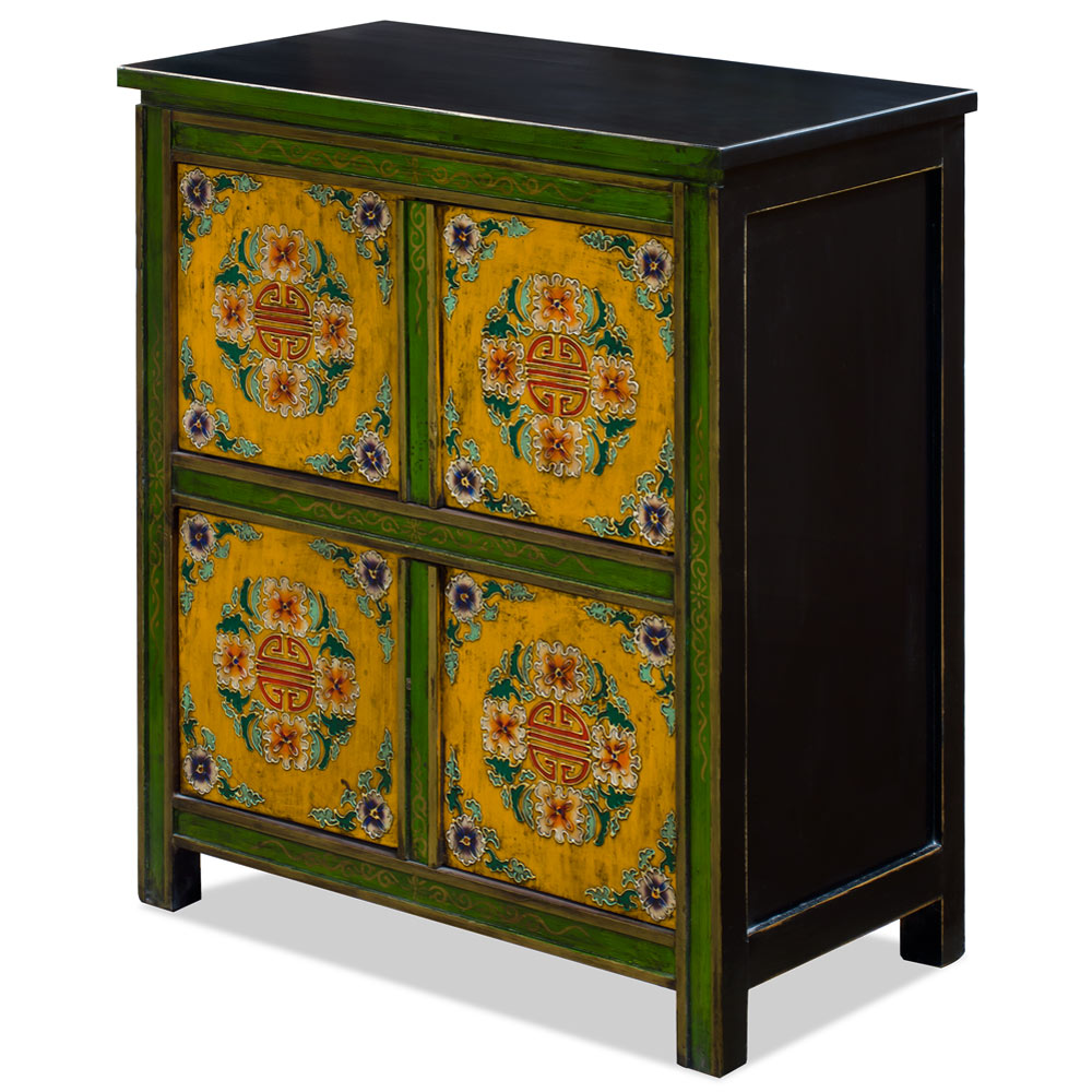 Hand Painted Green and Yellow Floral Motif Tibetan Chest
