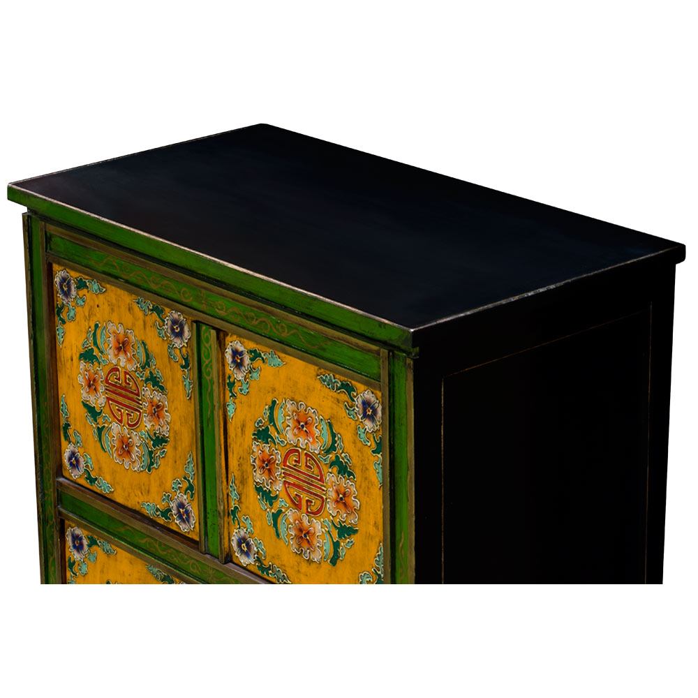 Hand Painted Green and Yellow Floral Motif Tibetan Chest