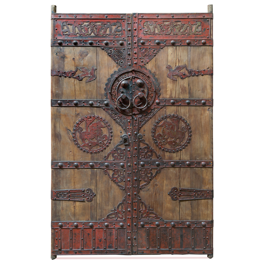 Vintage Chinese Temple Doors with Foo Dog Embellishments