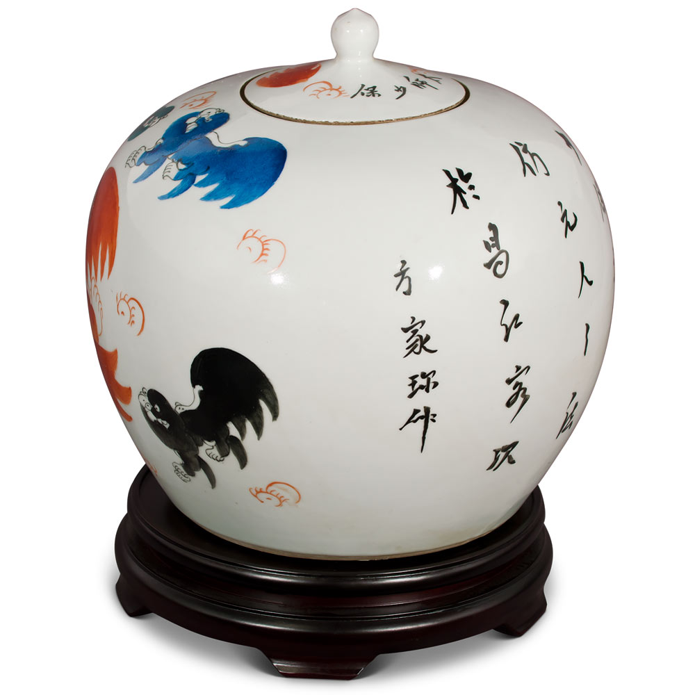 White Porcelain Oriental Jar with Peking Foo Dogs