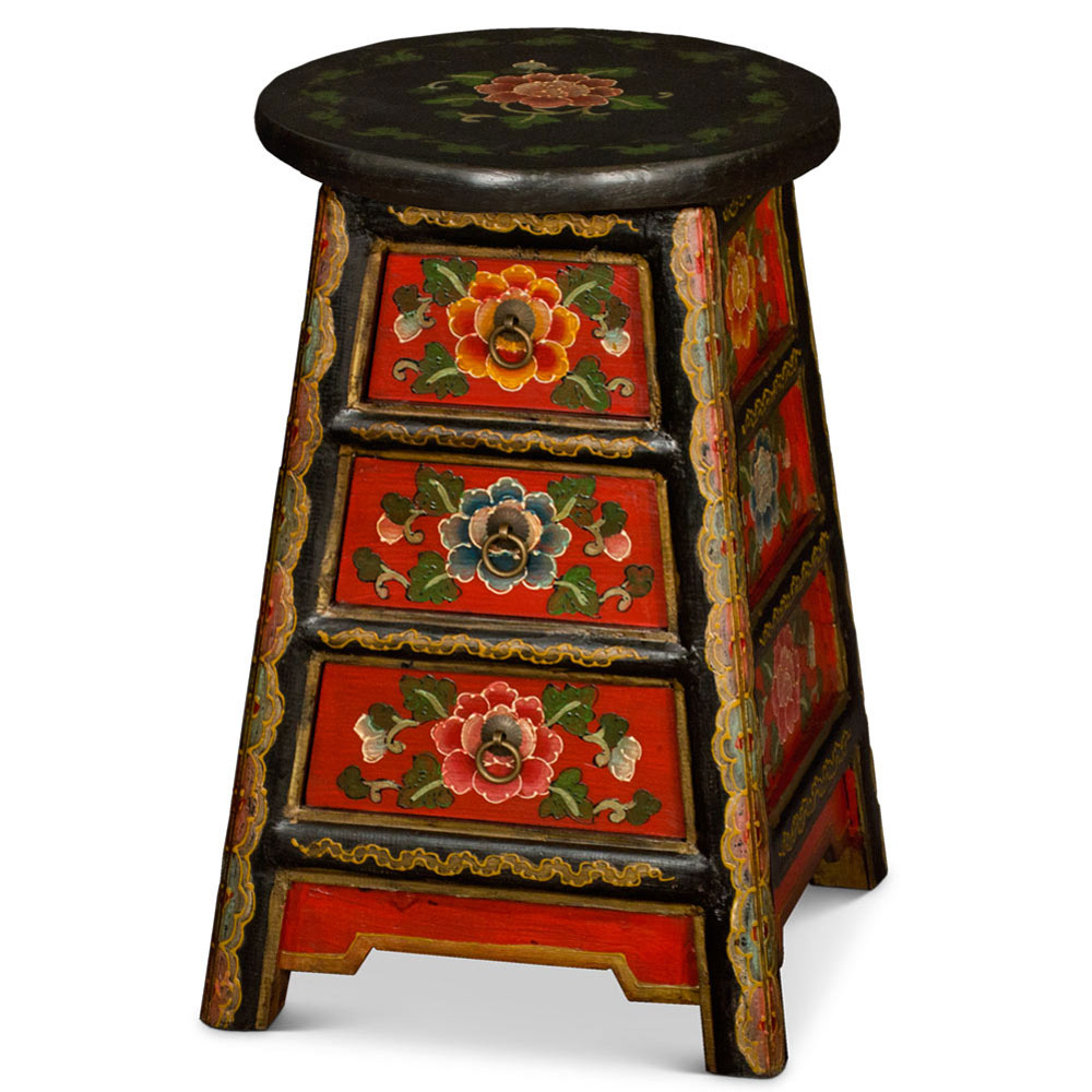 Distressed Red and Black Tibetan Stool with Drawers