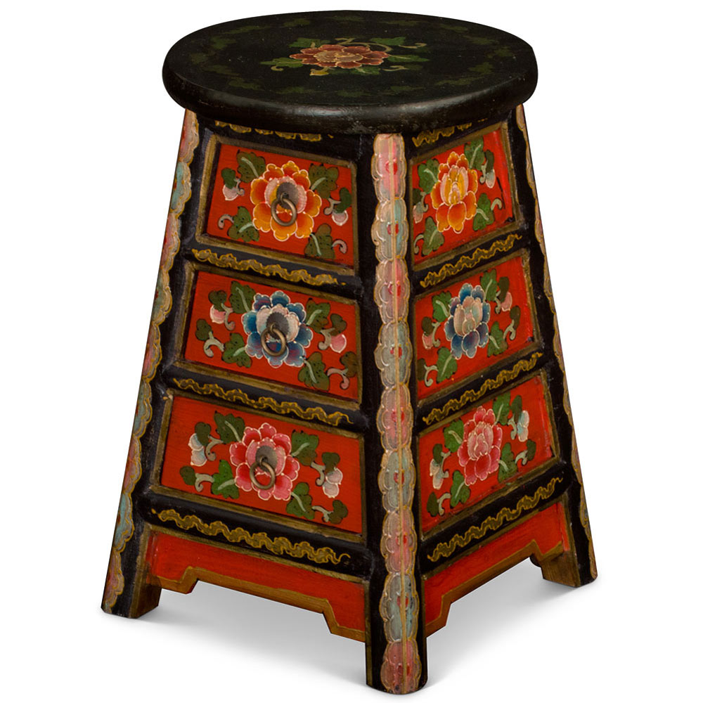 Distressed Red and Black Tibetan Stool with Drawers