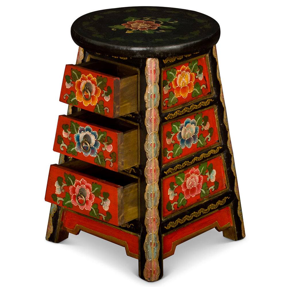 Distressed Red and Black Tibetan Stool with Drawers