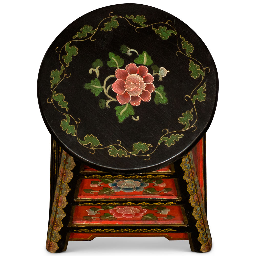 Distressed Red and Black Tibetan Stool with Drawers
