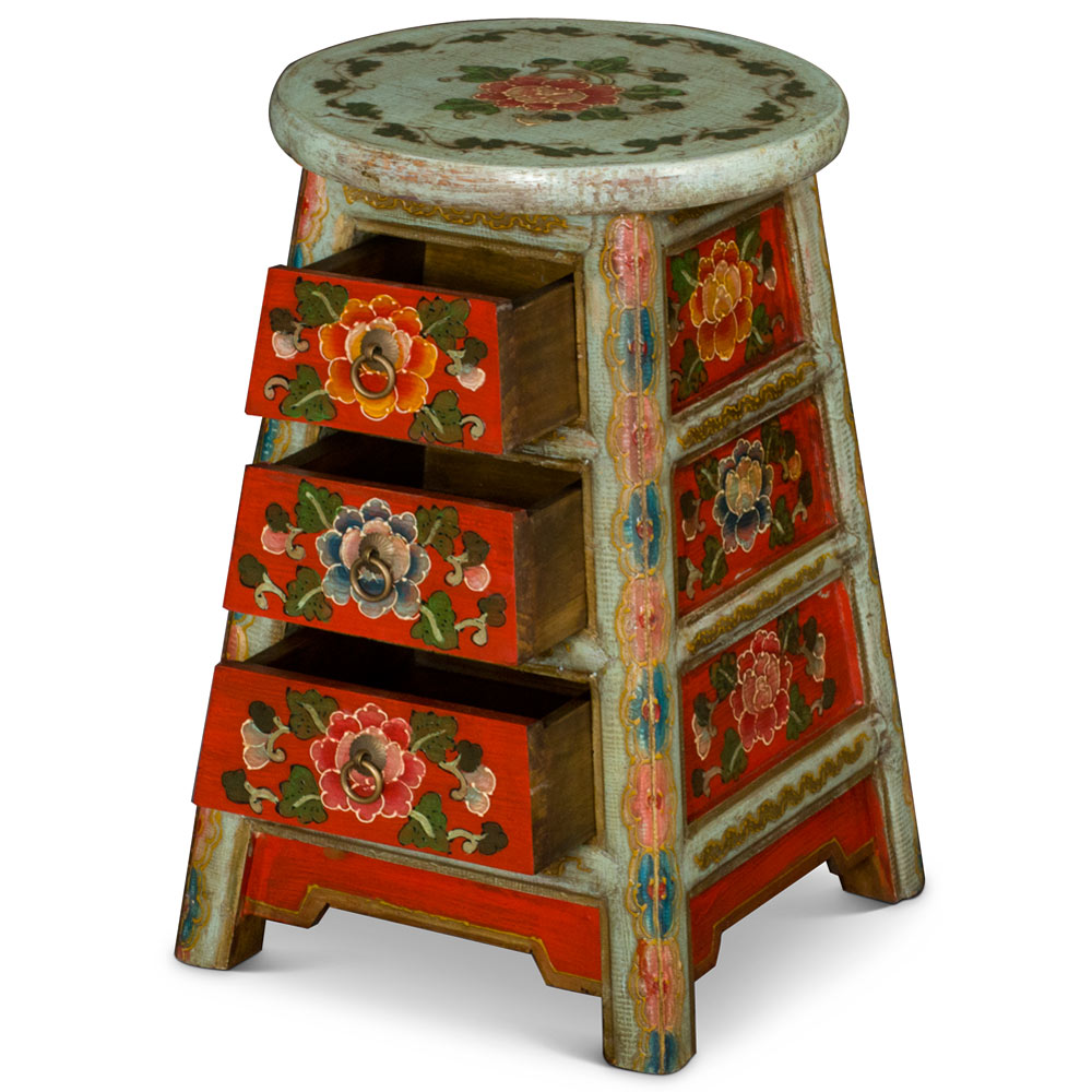 Distressed Light Teal and Red Tibetan Stool with Drawers