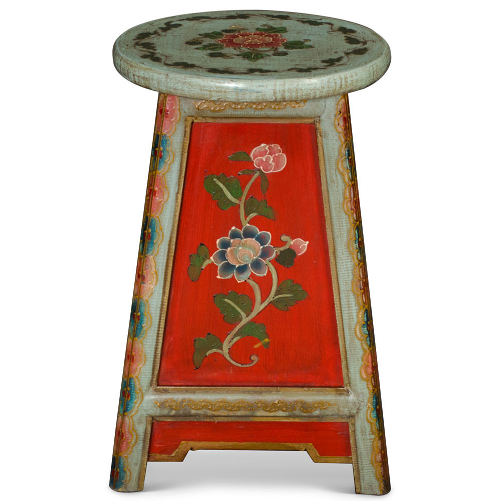 Distressed Light Teal and Red Tibetan Stool with Drawers