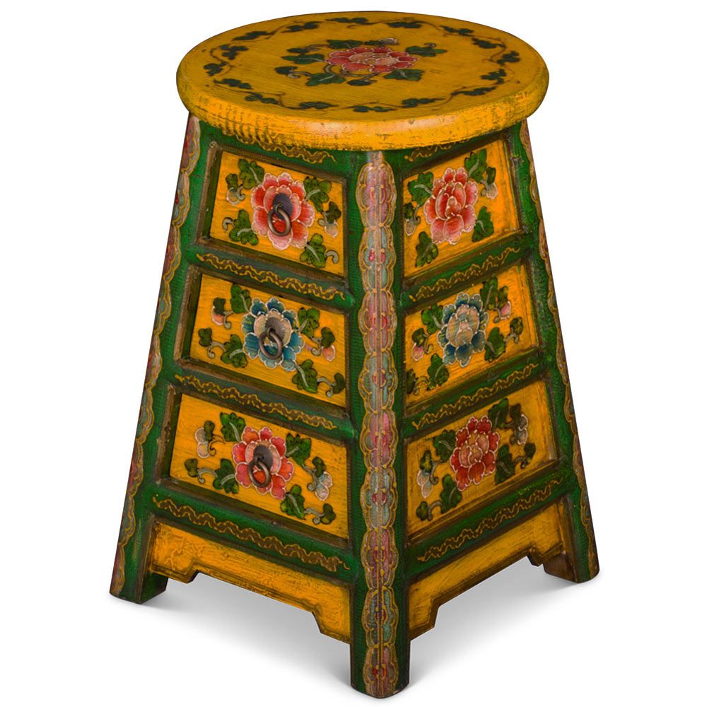 Distressed Yellow and Green Tibetan Stool with Drawers