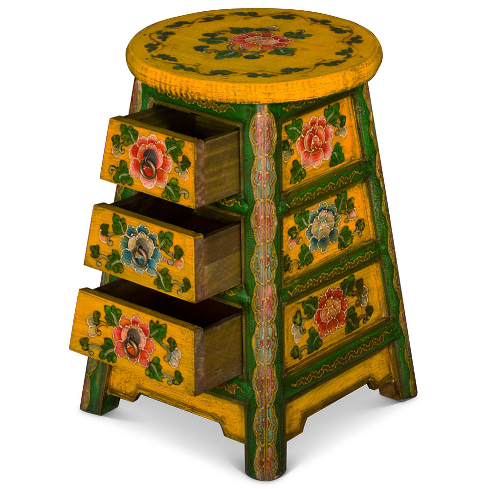 Distressed Yellow and Green Tibetan Stool with Drawers