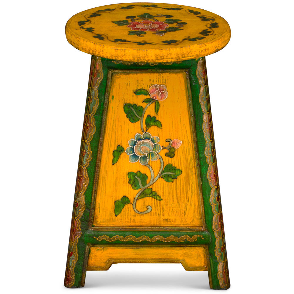 Distressed Yellow and Green Tibetan Stool with Drawers