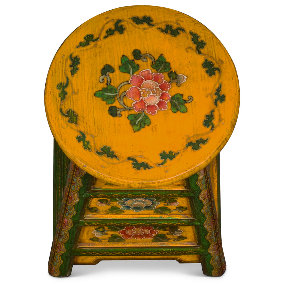 Distressed Yellow and Green Tibetan Stool with Drawers