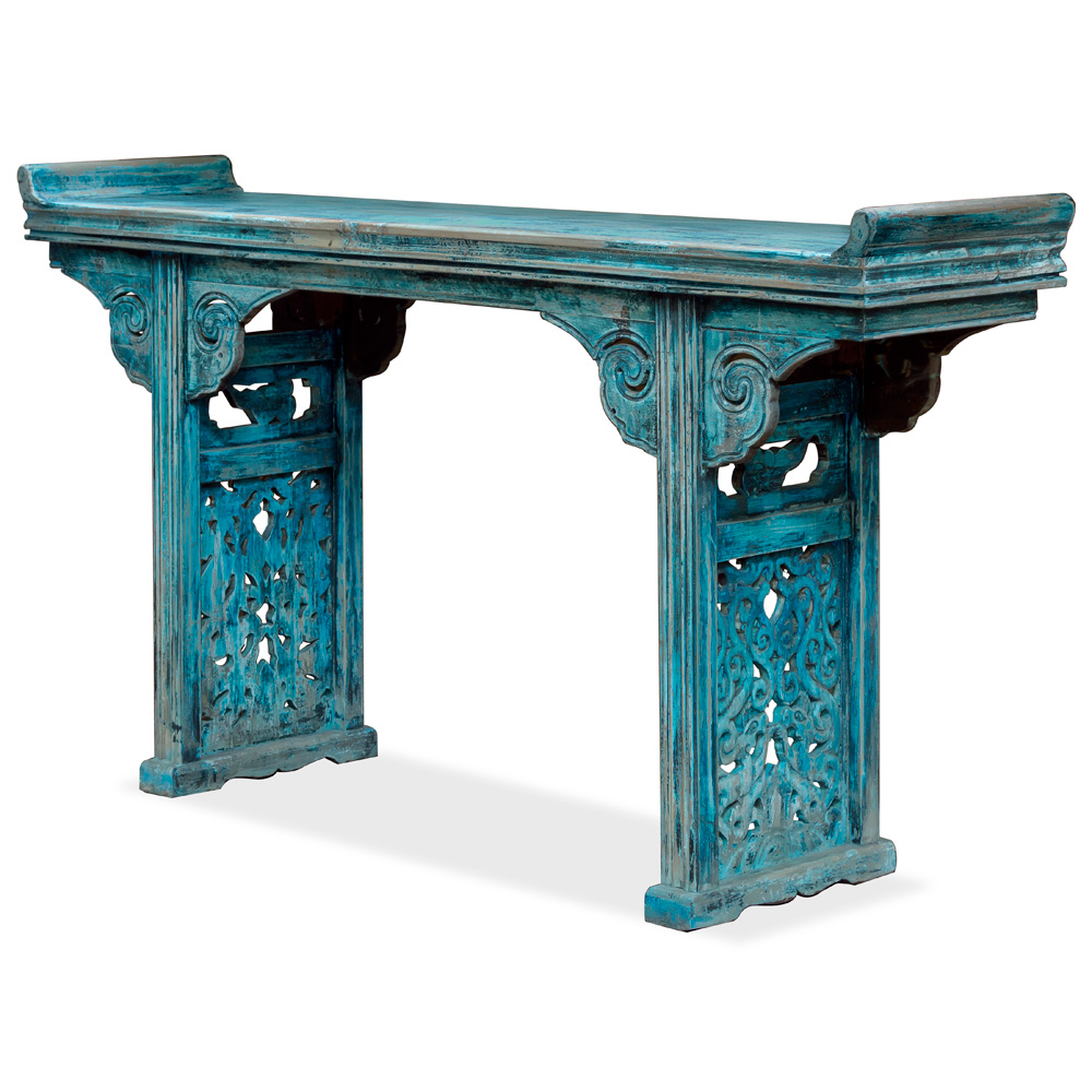Vintage Blue Elmwood Asian Altar Console Table