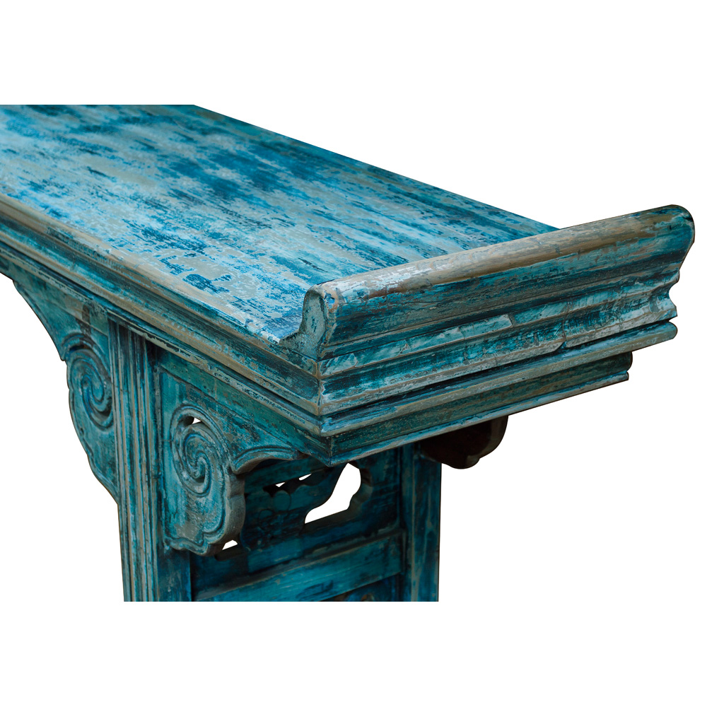 Vintage Blue Elmwood Asian Altar Console Table