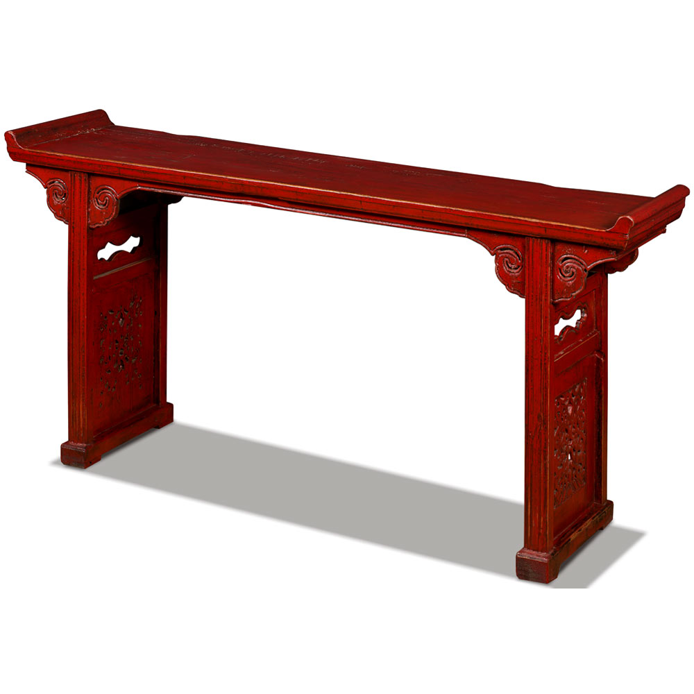 Vintage Red Elmwood Cloud Oriental Altar Console Table