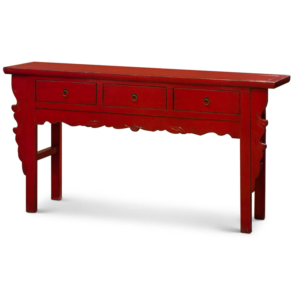 Vintage Distressed Red Elmwood Oriental Console Table with Drawers