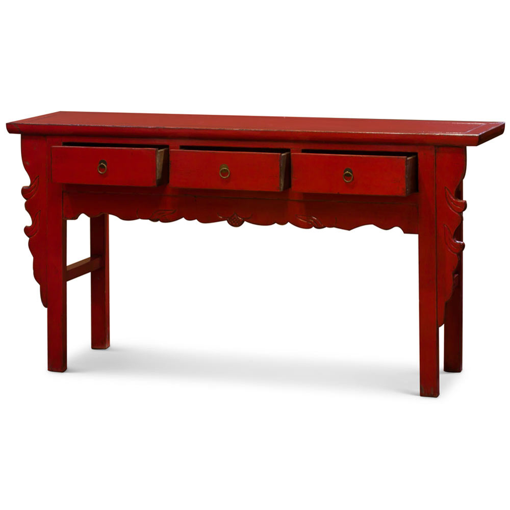 Vintage Distressed Red Elmwood Oriental Console Table with Drawers