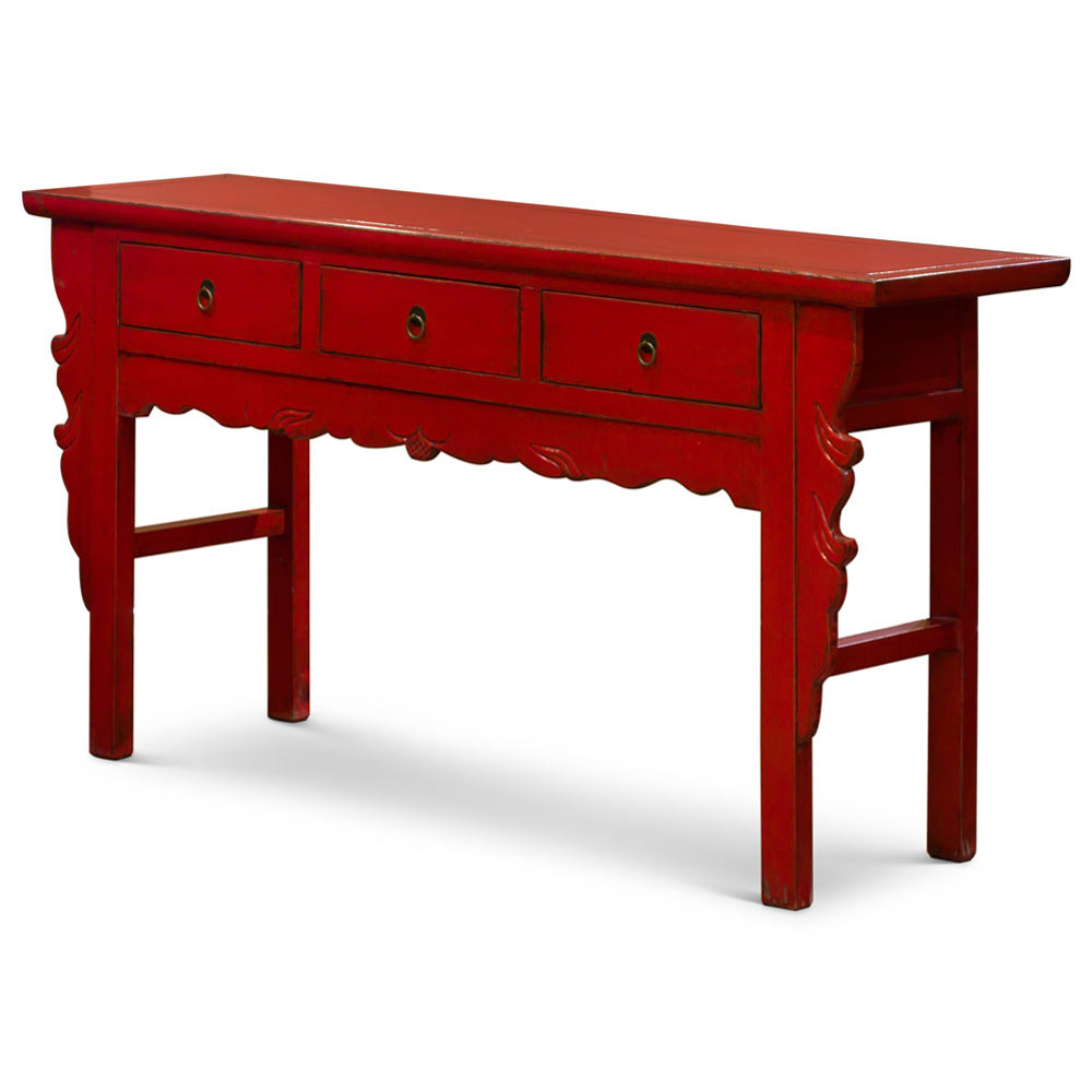 Vintage Distressed Red Elmwood Oriental Console Table with Drawers