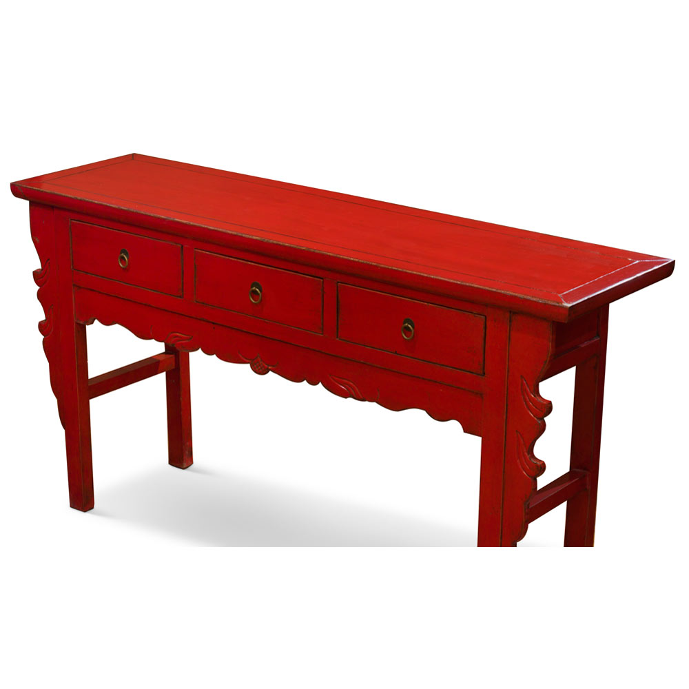 Vintage Distressed Red Elmwood Oriental Console Table with Drawers
