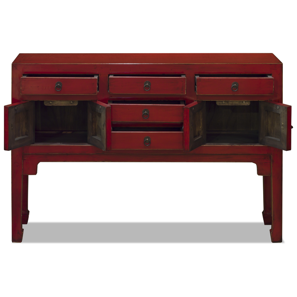 Distressed Red Elmwood Oriental Console Cabinet