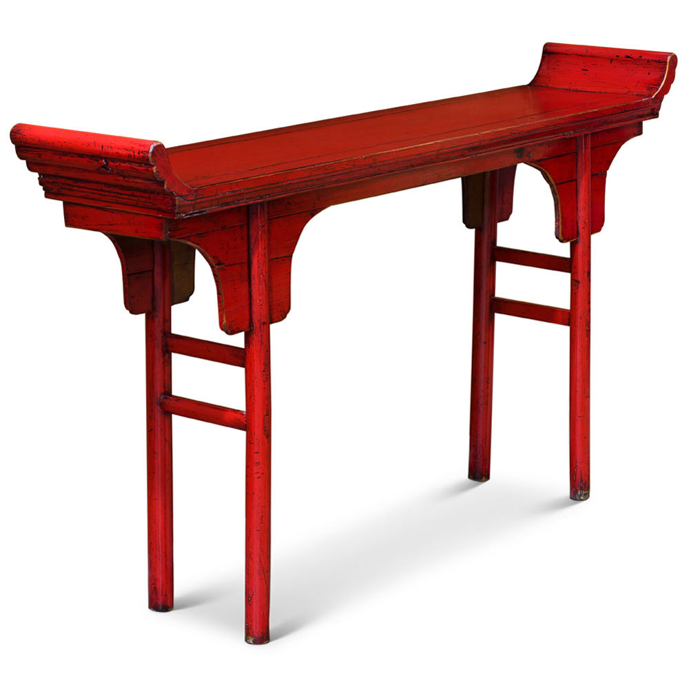 Distressed Red Elmwood Oriental Altar Style Console Table