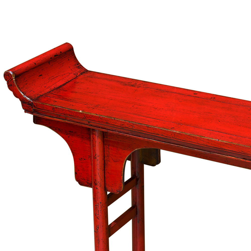 Distressed Red Elmwood Oriental Altar Style Console Table