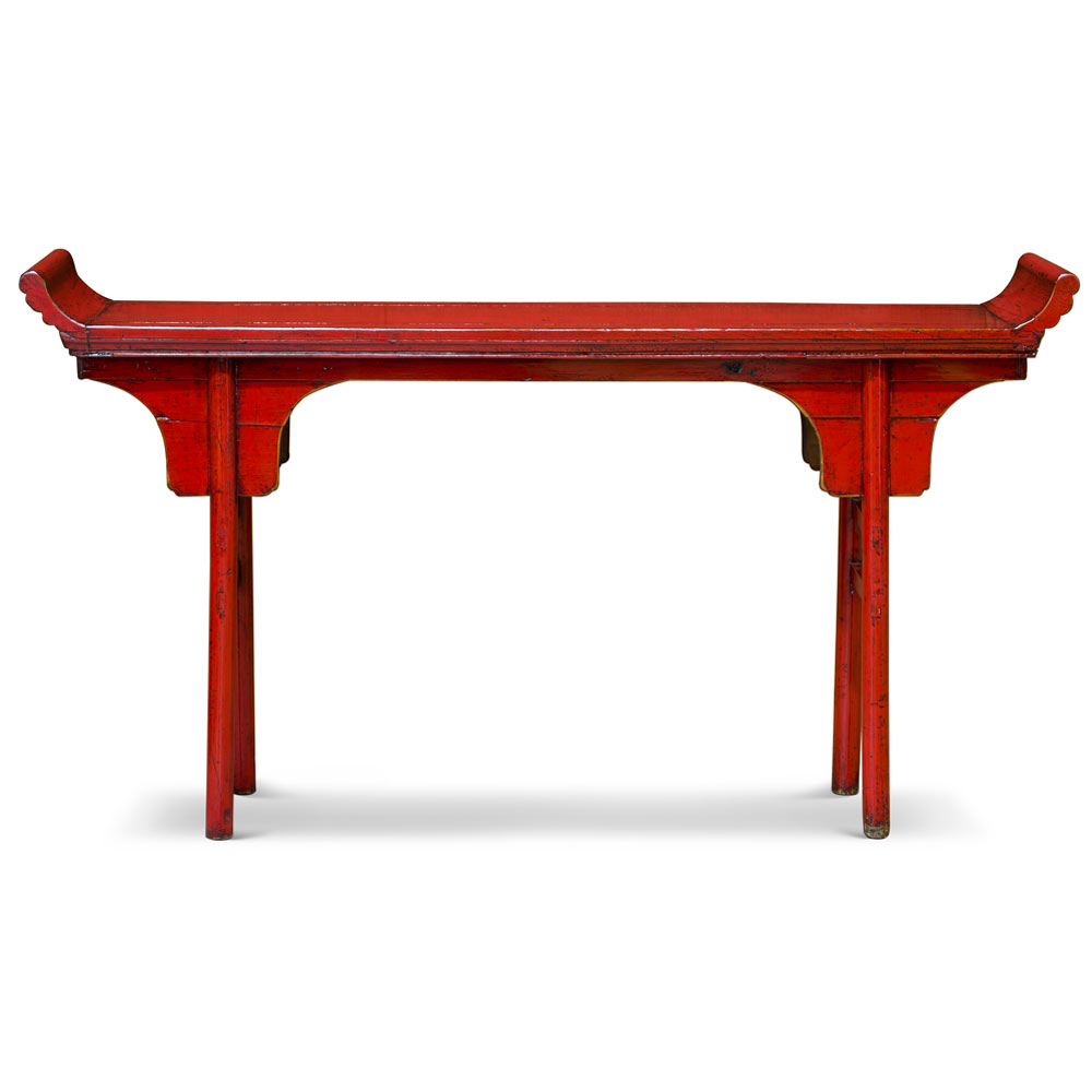 Distressed Red Elmwood Oriental Altar Style Console Table