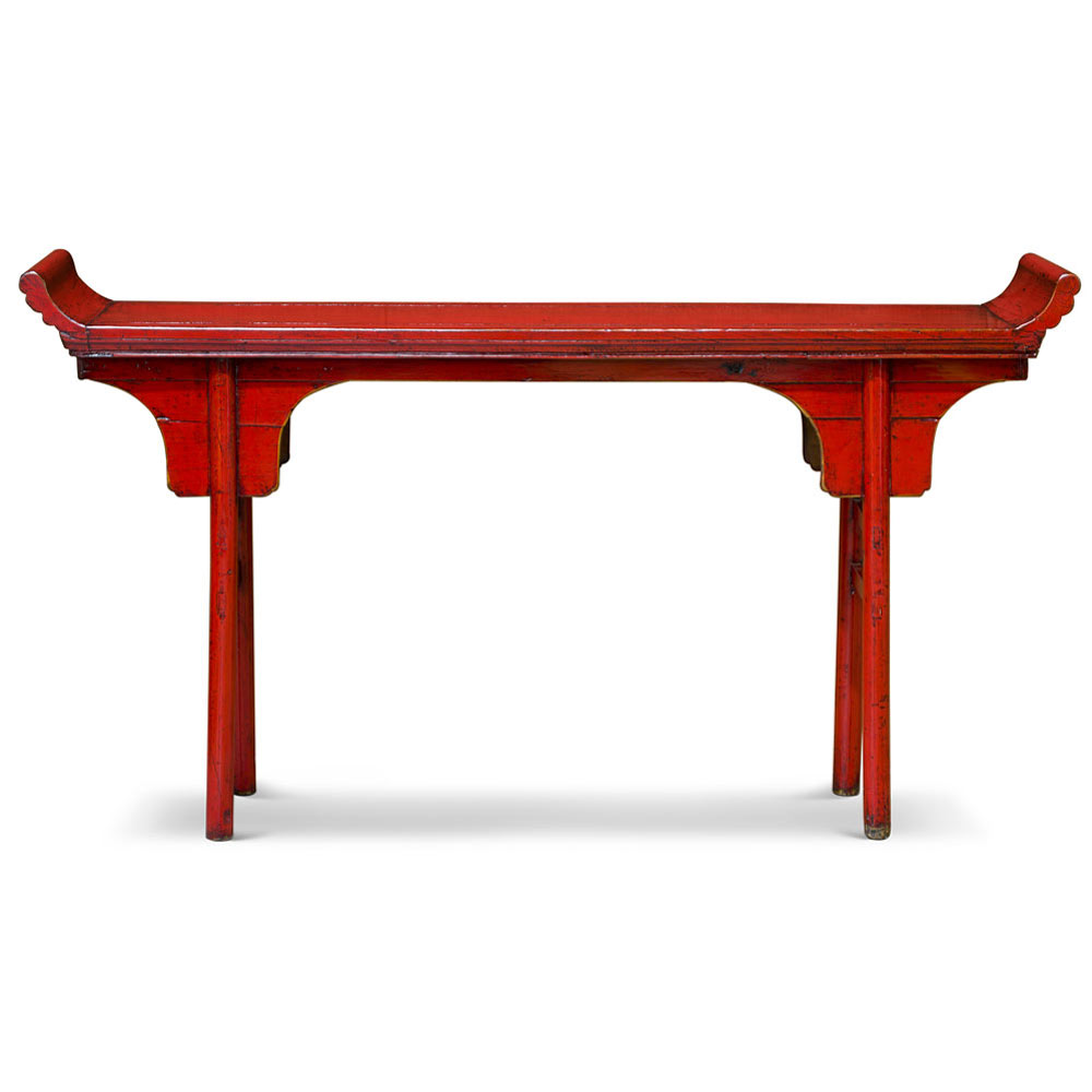 Distressed Red Elmwood Oriental Altar Style Console Table