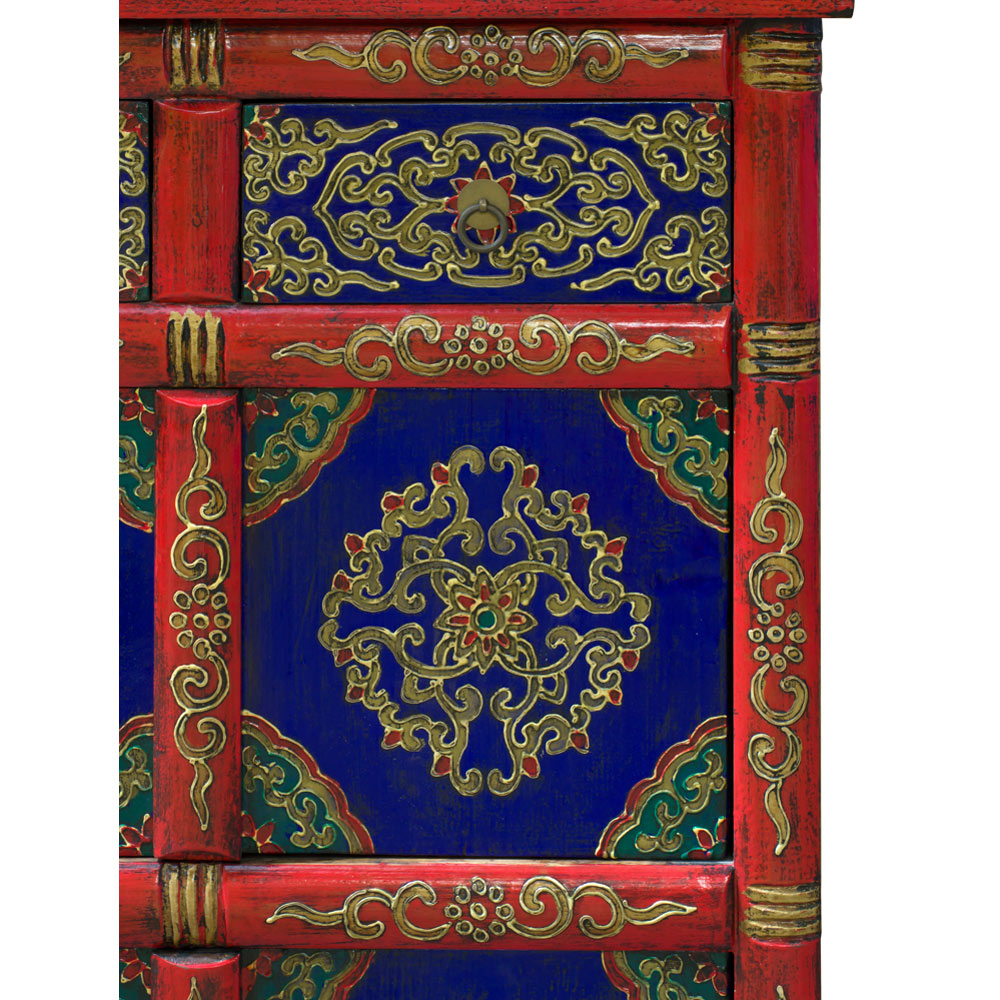 Hand Painted Red and Blue Floral Motif Tibetan Storage Chest