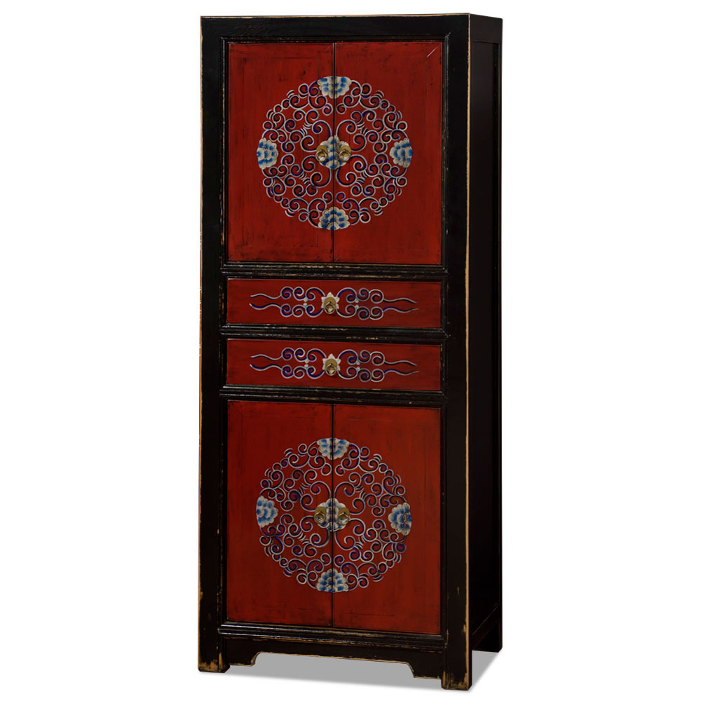 Black and Red Elmwood Tibetan Tall Storage Cabinet