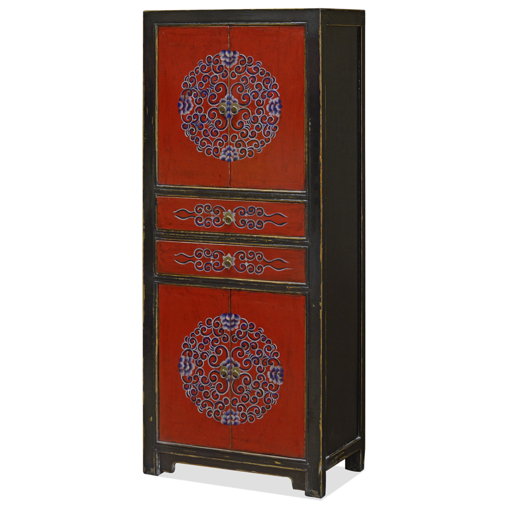 Black and Red Elmwood Tibetan Tall Storage Cabinet