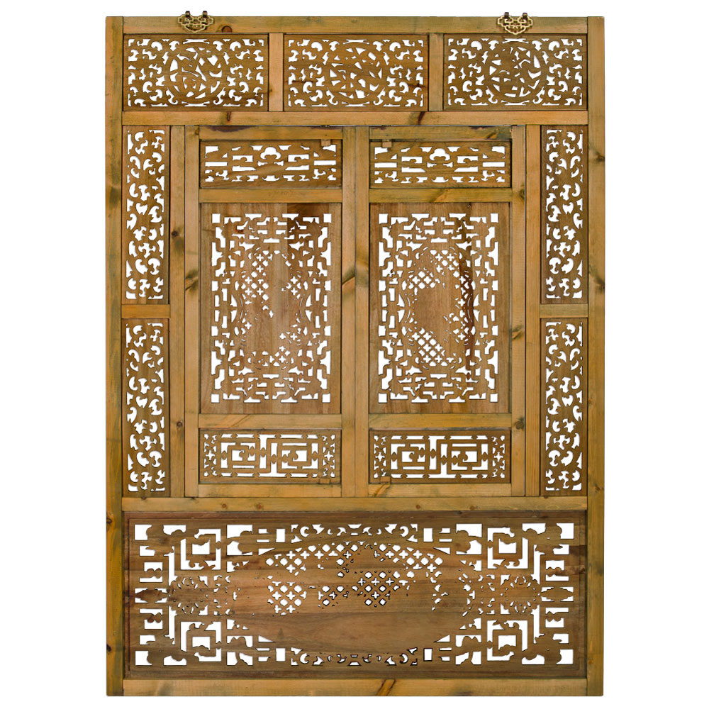 Cedar Wood Lattice Window Shutter with Court Yard Asian Wall Plaque