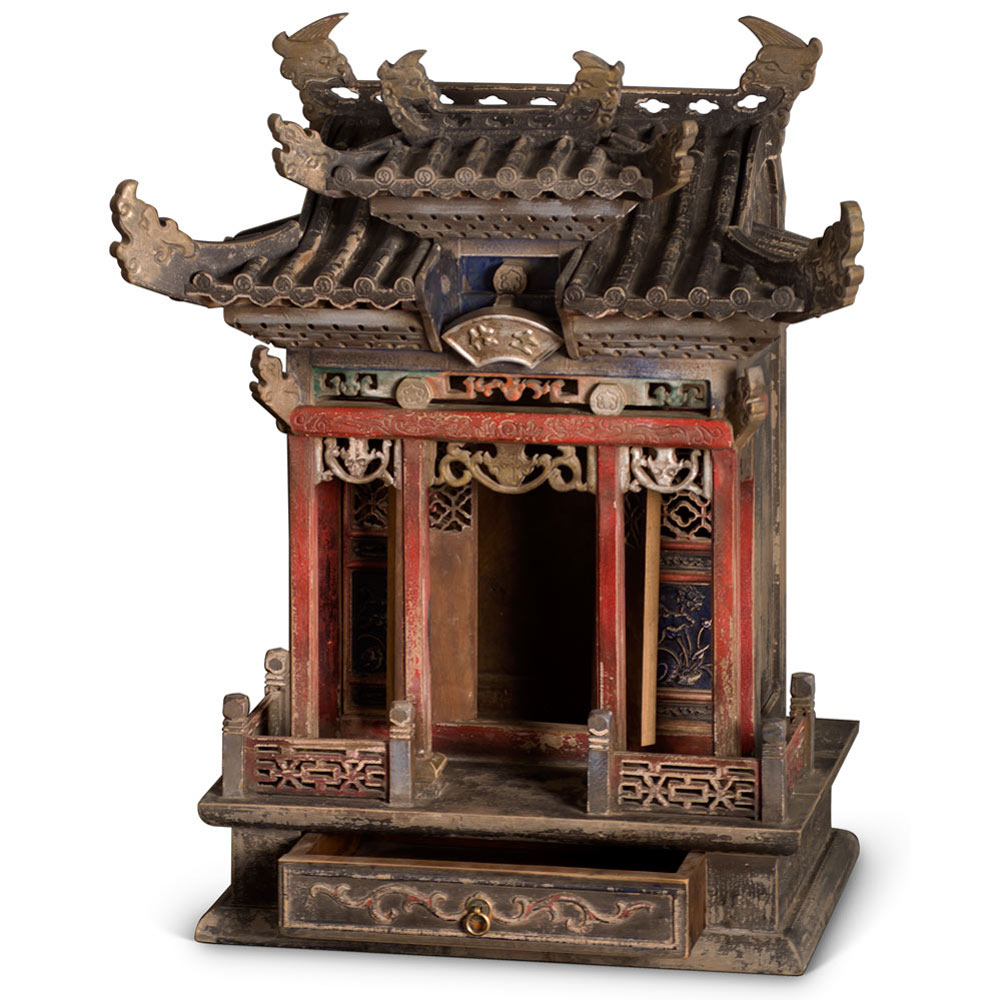 Vintage Elmwood Imperial Pagoda Motif Chinese Altar House