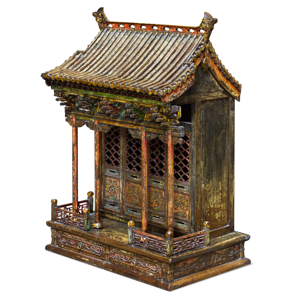 Vintage Elmwood Imperial Pagoda Motif Chinese Altar House