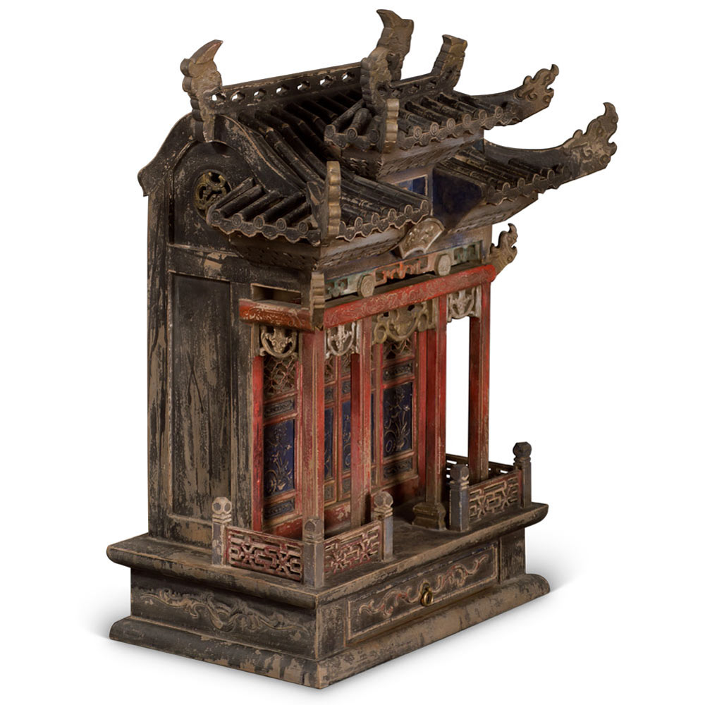 Vintage Elmwood Imperial Pagoda Motif Chinese Altar House