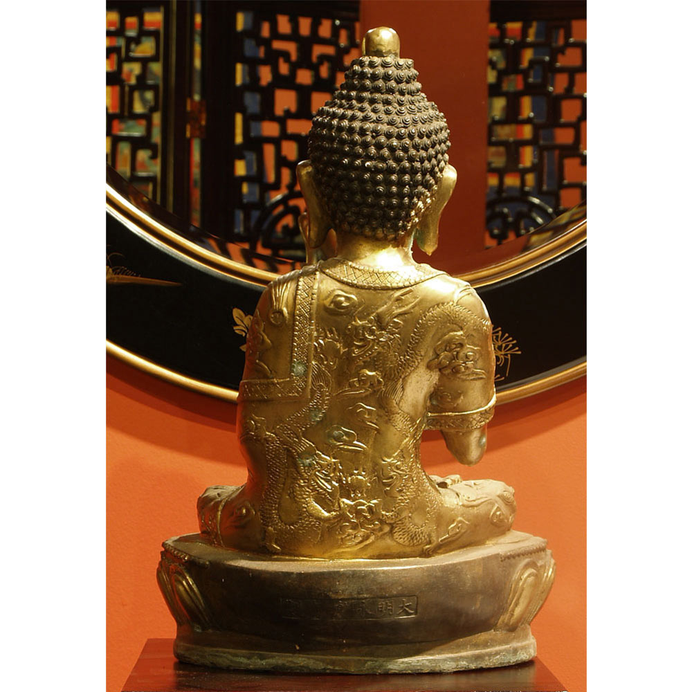 Golden Bronze Tibetan Buddha Sitting in Abhaya Mudra