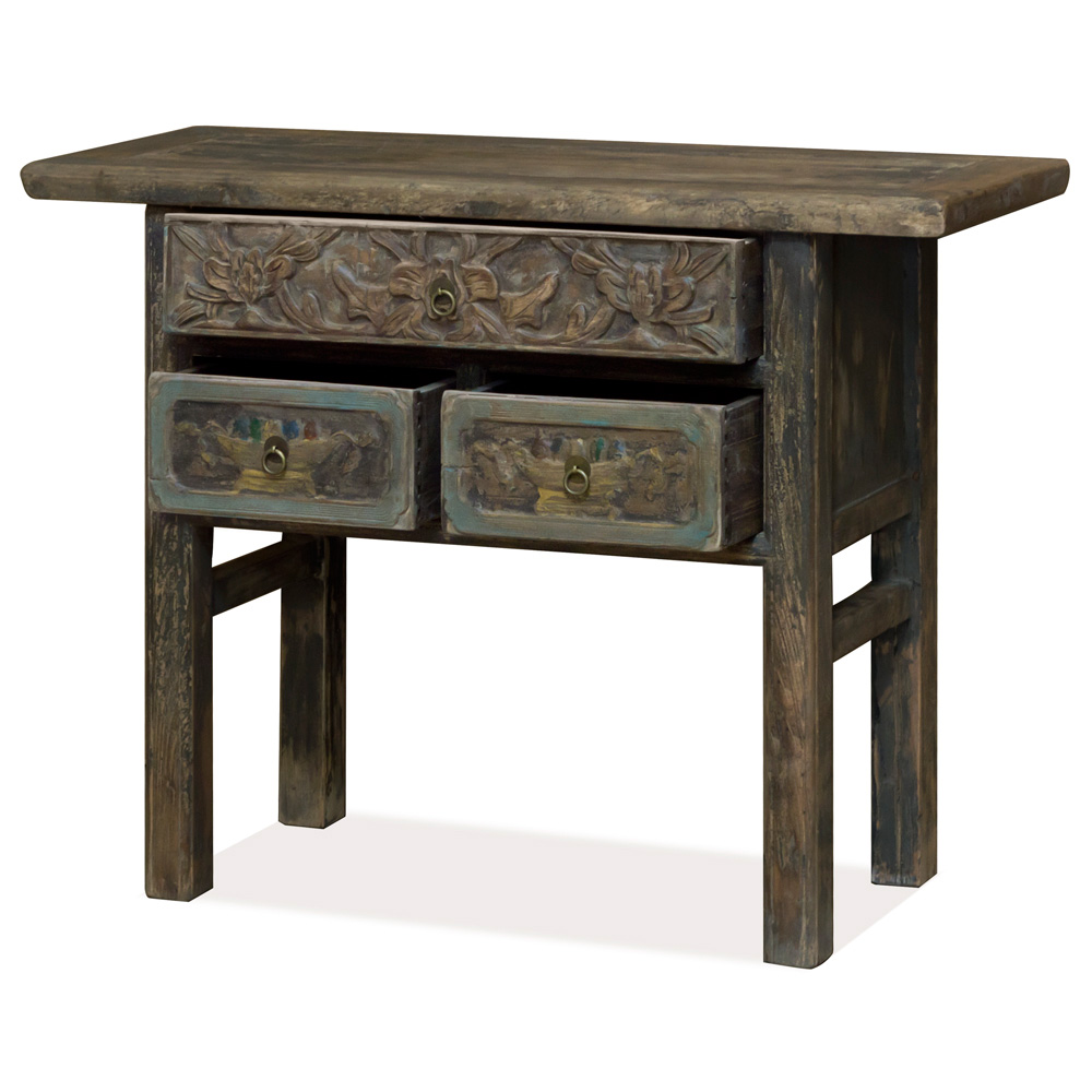 Vintage Elmwood Asian Accent Table with Floral Carving