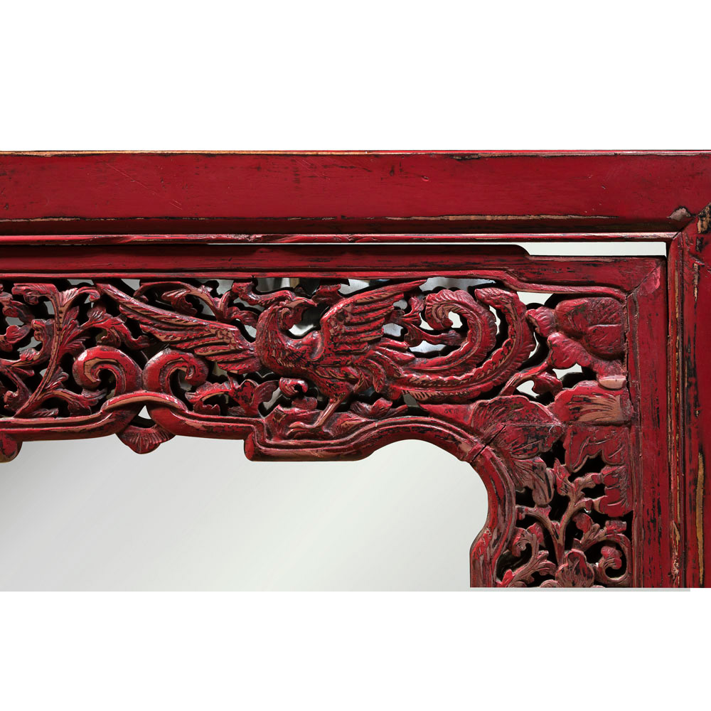 Vintage Red Lattice Trim Elmwood Phoenix Oriental Mirror