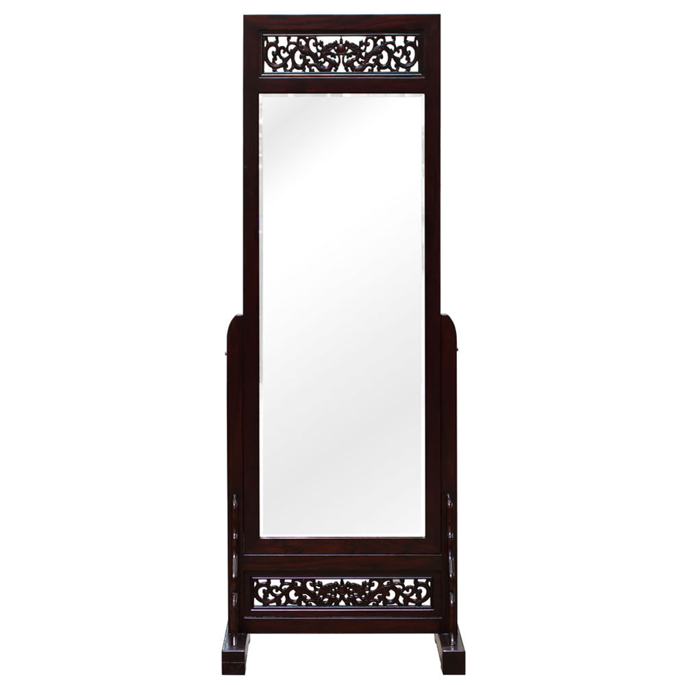 Dark Cherry Dragon Motif Elmwood Chinese Full Length Standing Mirror