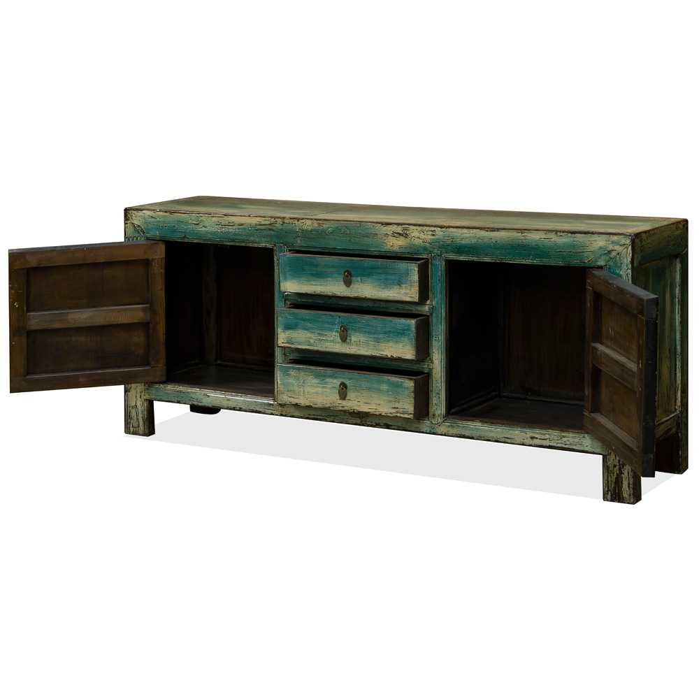 Vintage Elmwood Distressed Blue Kang Mandarin Cabinet