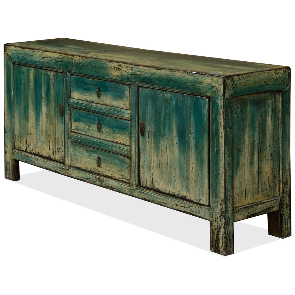 Vintage Elmwood Distressed Blue Kang Mandarin Cabinet