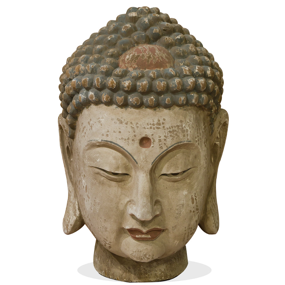 Vintage Buddha Head Chinese Wooden Sculpture
