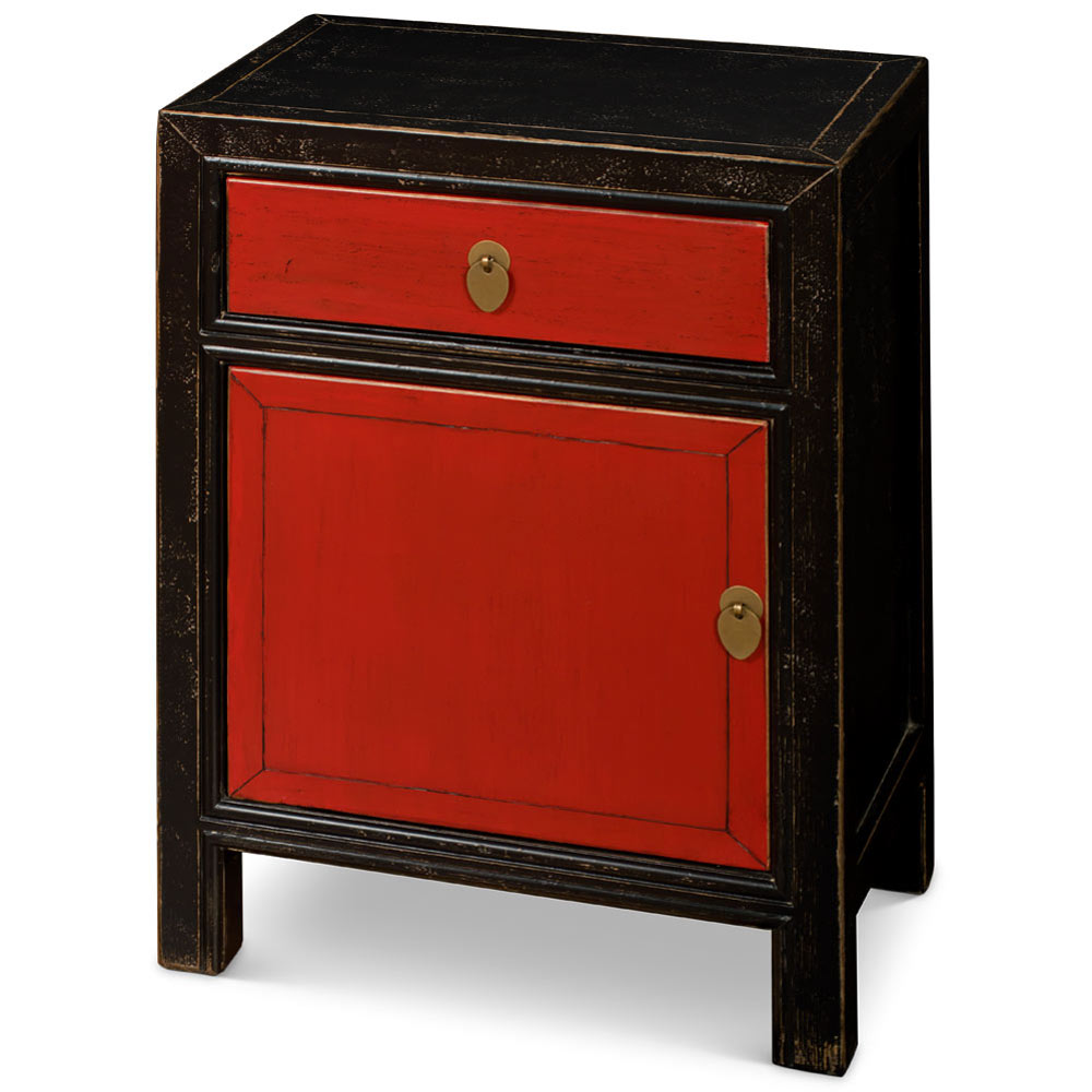 Distressed Black and Red Elmwood Petite Peking Asian Cabinet