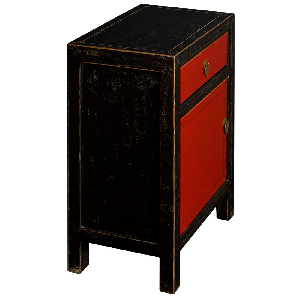 Distressed Black and Red Elmwood Petite Peking Asian Cabinet