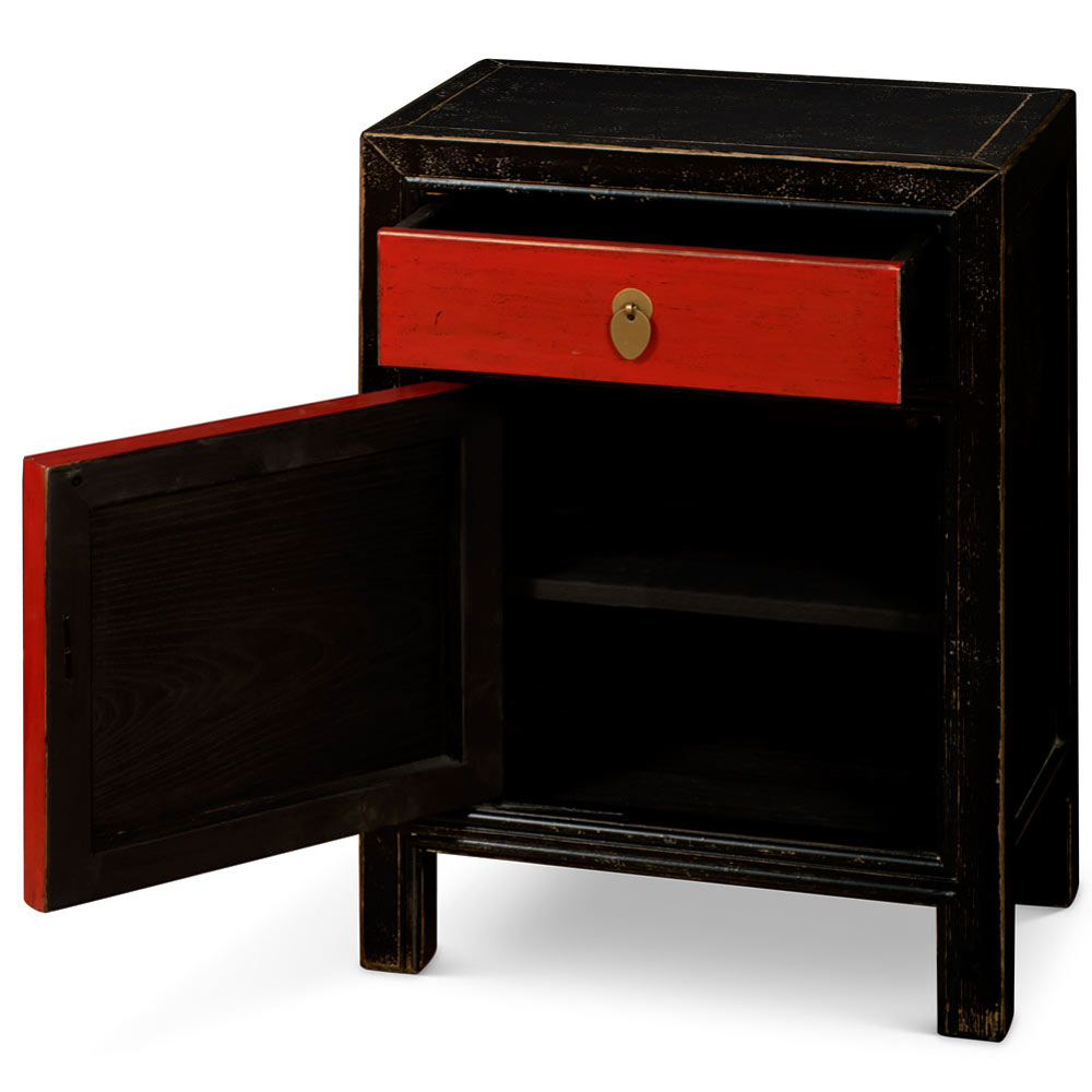 Distressed Black and Red Elmwood Petite Peking Asian Cabinet