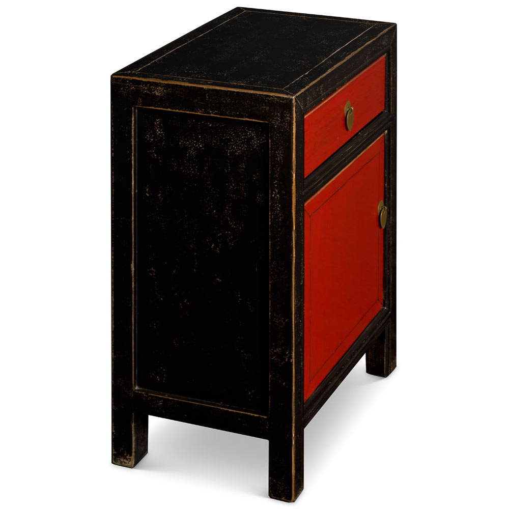 Distressed Black and Red Elmwood Petite Peking Asian Cabinet