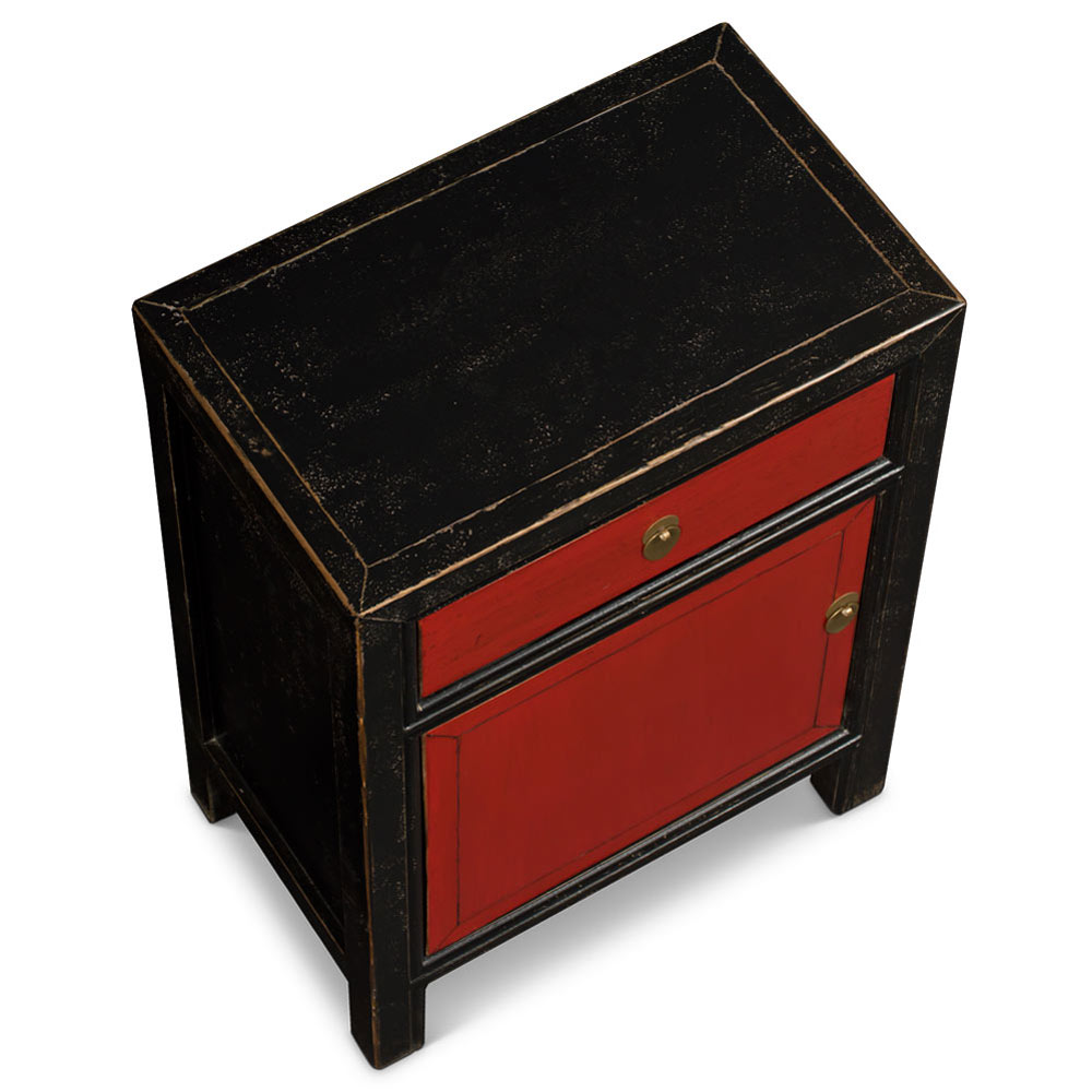 Distressed Black and Red Elmwood Petite Peking Asian Cabinet