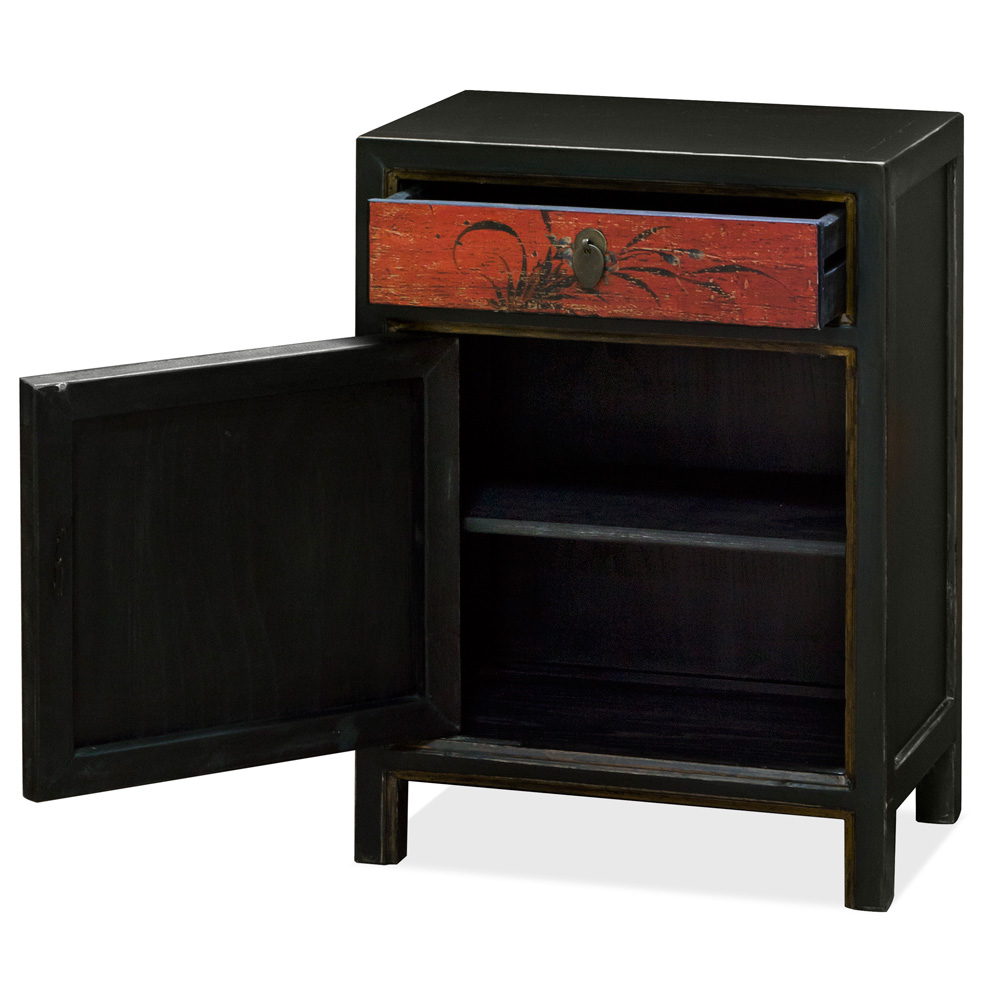 Distressed Red and Black Petite Elmwood Tibetan Cabinet with Floral Still Life