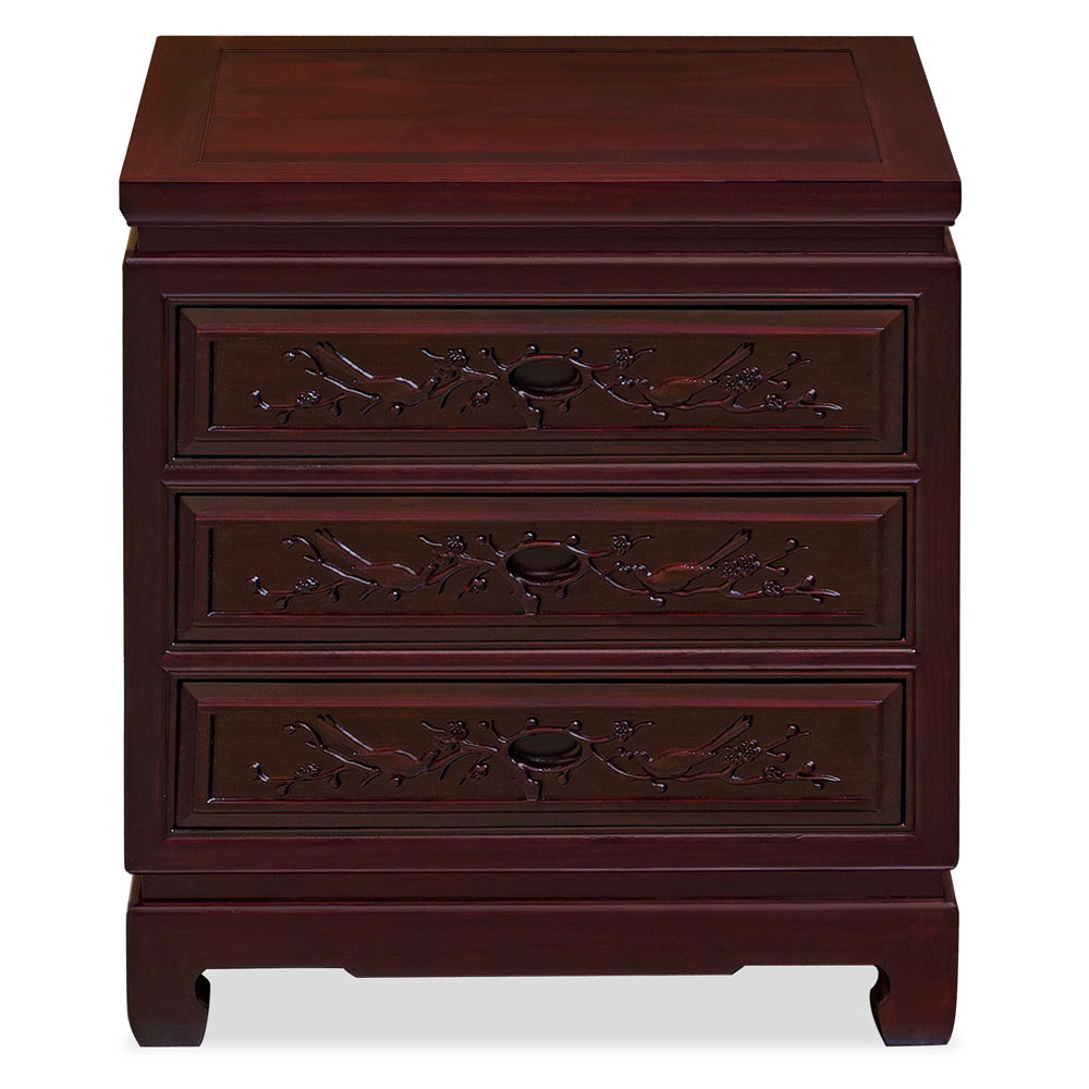 Dark Cherry Elmwood Flower and Birds Oriental Nightstand with 3 Drawers